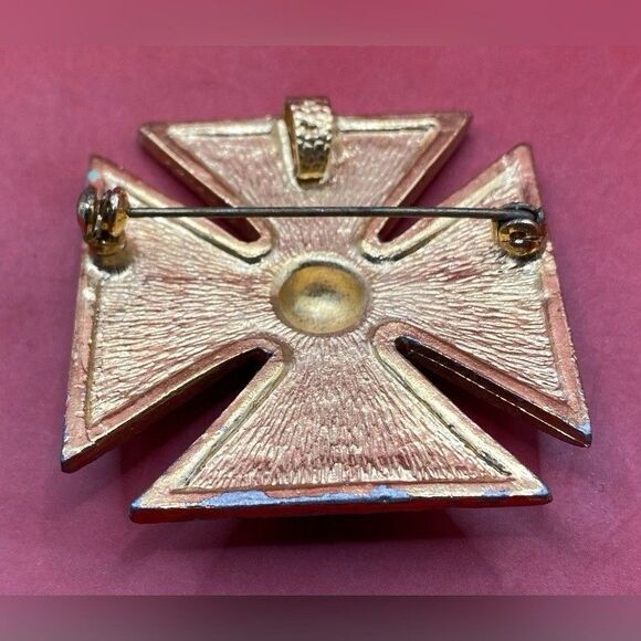 Maltese Cross Brooch Pendant Gold Tone Blue Enamel Rhinestones 1.75” *Read* - Picture 2 of 3